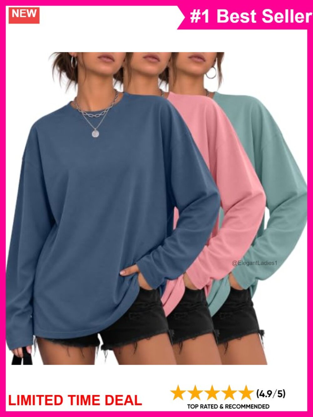 Women's Oversized Long Sleeve T-Shirts Crew Neck Casual Tee 3 Pack Set